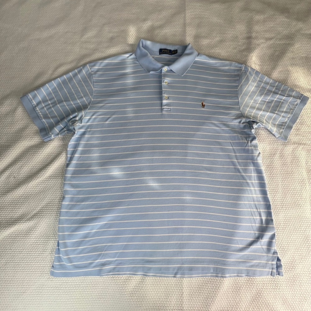Polo Ralph Lauren Shirt Mens 2XLT Blue White Stripe ShortSleeve Embroidered Pony